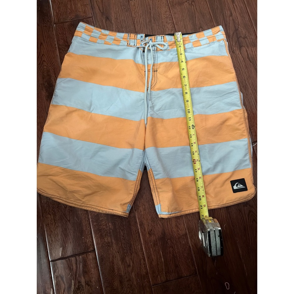 Quiksilver Mens Board Shorts Orange Blue Striped Checkered Surf Trunks‎ Size 34